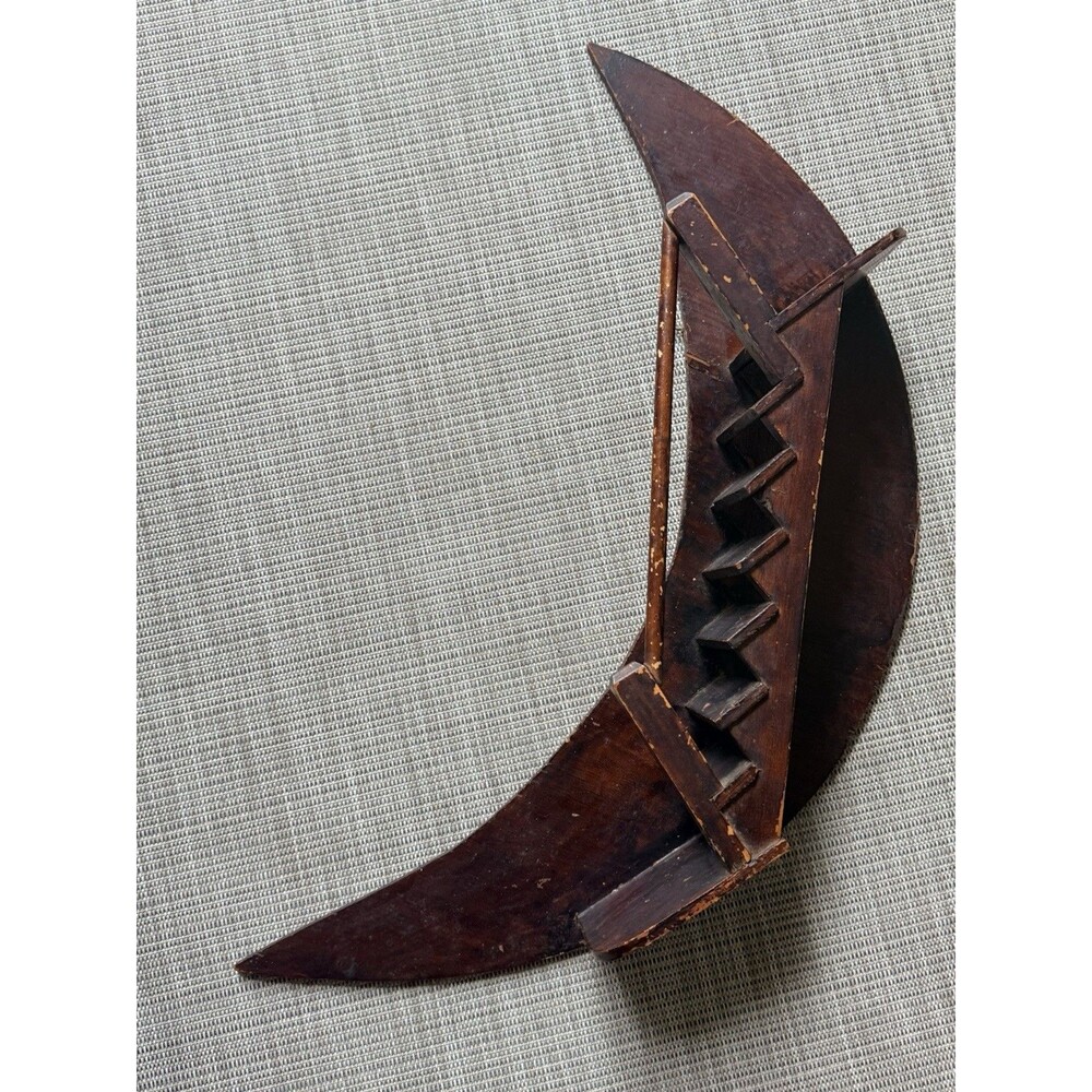Vintage MCM Crescent Moon Stairway Wall Shelf Wood Hanging Display Folk Art 24”